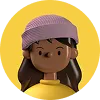 Illustration of a person with long dark hair wearing a purple cap and a yellow shirt with a yellow circular background.