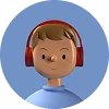 Illustration of a person with brown hair wearing a blue shirt and red headphones with a microphone against a blue circular background.
