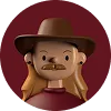 3D avatar of a person with long blond hair, wearing a wide-brimmed brown hat and a maroon shirt, against a dark red circular background.