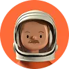 Illustration of a smiling astronaut with a mustache inside a helmet on an orange background.