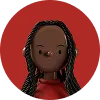 3D avatar of a person with dark skin, long braided hair, and a red top against a red circular background.