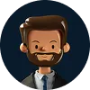 3D cartoon avatar of a man with brown hair, beard, and wearing a suit with a white shirt and blue tie.