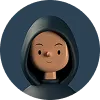 3D avatar of a person wearing a dark hoodie against a dark circular background.