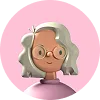 Avatar of a woman with gray wavy hair, round glasses, and brown skin on a pink circular background.