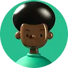 3D illustration of a man with an afro hairstyle and a goatee wearing a green shirt on a green circular background.
