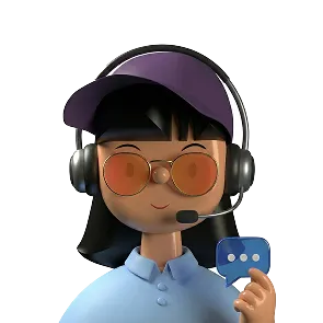 Cartoon woman wearing a purple cap, headset, and orange glasses holding a blue chat bubble with three dots.