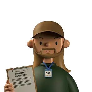 Illustration of a person wearing a cap and holding a clipboard with an employee agreement document.