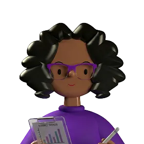 3D illustration of a person with curly black hair, purple glasses, and a purple top holding a tablet with a chart and a stylus.