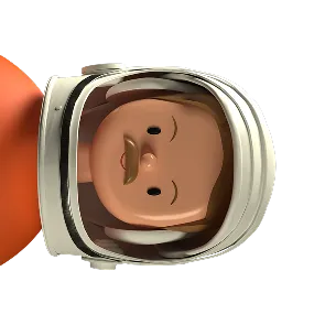Cartoon astronaut with a mustache seen inside a white space helmet.