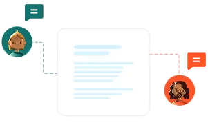 Illustration of two cartoon avatars, a woman on the left and a man on the right, connected by dotted lines to a central white dialogue box with blue text lines, indicating a conversation.