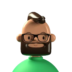3D cartoon avatar of a man with glasses, a beard, and a modern hairstyle wearing a green shirt.