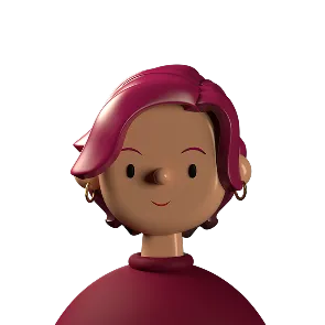 3D illustration of a person with short pink hair, wearing gold hoop earrings and a maroon turtleneck sweater.