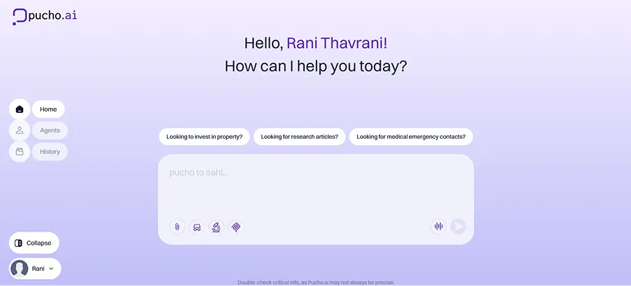 Screenshot of pucho.ai chat interface greeting user Rani Thavrani with options to invest in property, research articles, or medical emergency contacts, featuring Home, Agents, and History menu on the left.