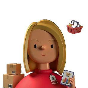 3D illustration of a smiling blonde woman in a red shirt holding a clipboard with sales charts, with stacked boxes and a shopping basket nearby.