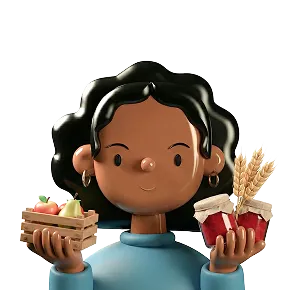 Illustration of a person holding a crate of fruits in one hand and jars of preserves with wheat stalks in the other.