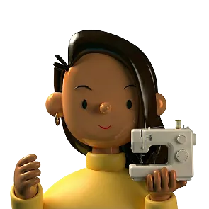 3D illustration of a person with dark hair and yellow clothing holding a white sewing machine.