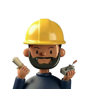 Cartoon construction worker with a yellow hard hat holding a blueprint and a spirit level.