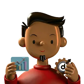 3D cartoon character holding a bar chart with an upward arrow in one hand and a gear in the other.
