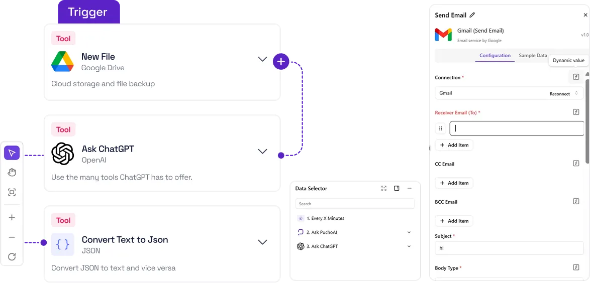 Workflow diagram showing triggers and tools: New File from Google Drive, Ask ChatGPT by OpenAI, and Convert Text to JSON, linked to a Send Email configuration panel for Gmail setup.