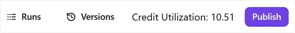 Interface toolbar with Runs and Versions options, credit utilization at 10.51, and a purple Publish button.