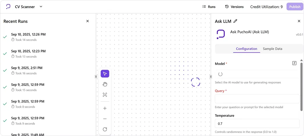 User interface of CV Scanner app showing recent run timestamps, a central dot grid workspace with selection tools, and an Ask LLM panel for configuring AI model and query input.