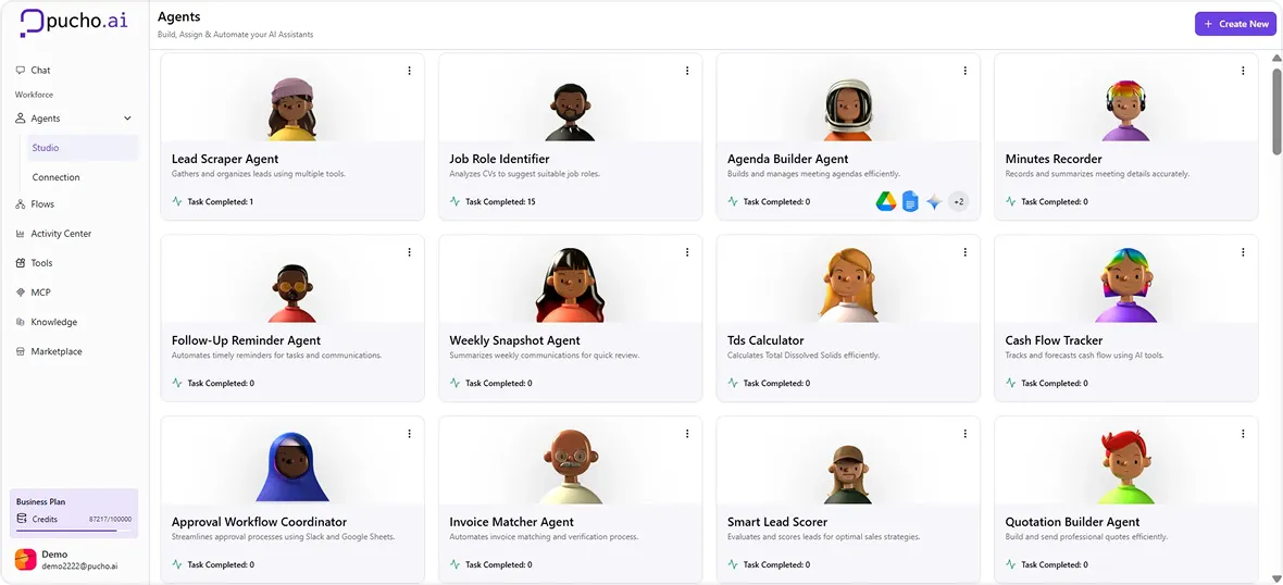 Dashboard of pucho.ai showing various AI agents like Lead Scraper, Job Role Identifier, Agenda Builder, Minutes Recorder, Follow-Up Reminder, Weekly Snapshot, Tds Calculator, Cash Flow Tracker, Approval Workflow Coordinator, Invoice Matcher, Smart Lead Scorer, and Quotation Builder with task completion statuses.