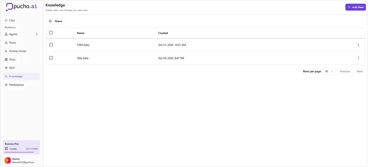 User interface of pucho.ai Knowledge section showing two data entries named CRM Data and Tally Data with creation dates, a sidebar menu, and an Add New button.