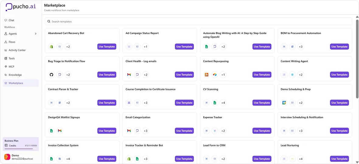 pucho.ai Marketplace interface displaying various workflow templates like Abandoned Cart Recovery Bot, Ad Campaign Status Report, Content Repurposing, and Lead Form to CRM with use template buttons.