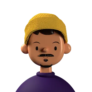 3D cartoon character with a yellow beanie, a small mustache and goatee, wearing a purple shirt.