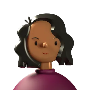 3D illustration of a smiling woman with dark wavy hair wearing a purple top.