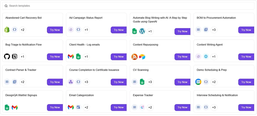User interface showing a searchable list of automation templates including Abandoned Cart Recovery Bot, Ad Campaign Status Report, Blog Writing with AI, BOM to Procurement Automation, Bug Triage, Client Health Logs, Content Repurposing, Content Writing Agent, Contract Parser, Course Completion, CV Scanning, Demo Scheduling, DesignQA Signups, Email Categorization, Expense Tracker, and Interview Scheduling, each with app icons and Try Now buttons.
