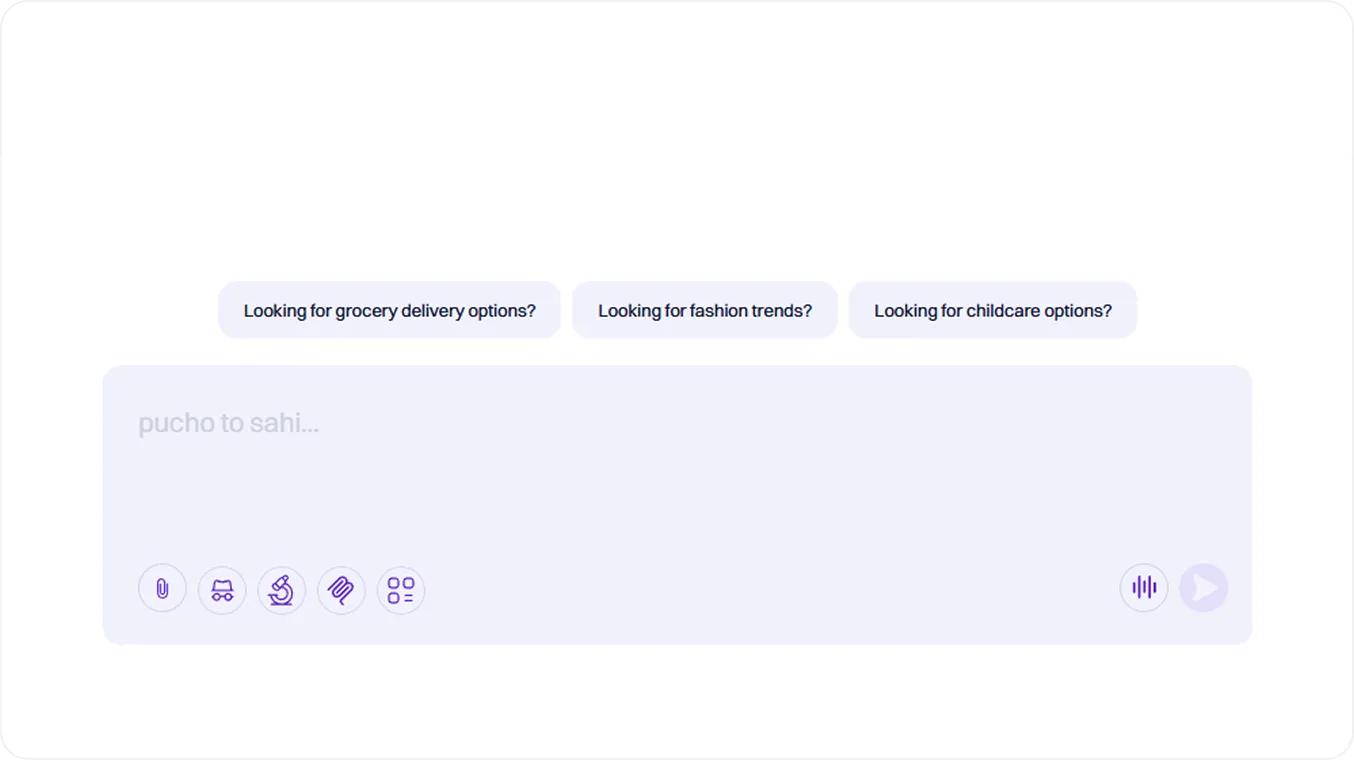 Chat interface with suggested questions about grocery delivery, fashion trends, and childcare options above a text input area with icons for attachment, shopping cart, microscope, paperclip, and options, plus voice input and send buttons.