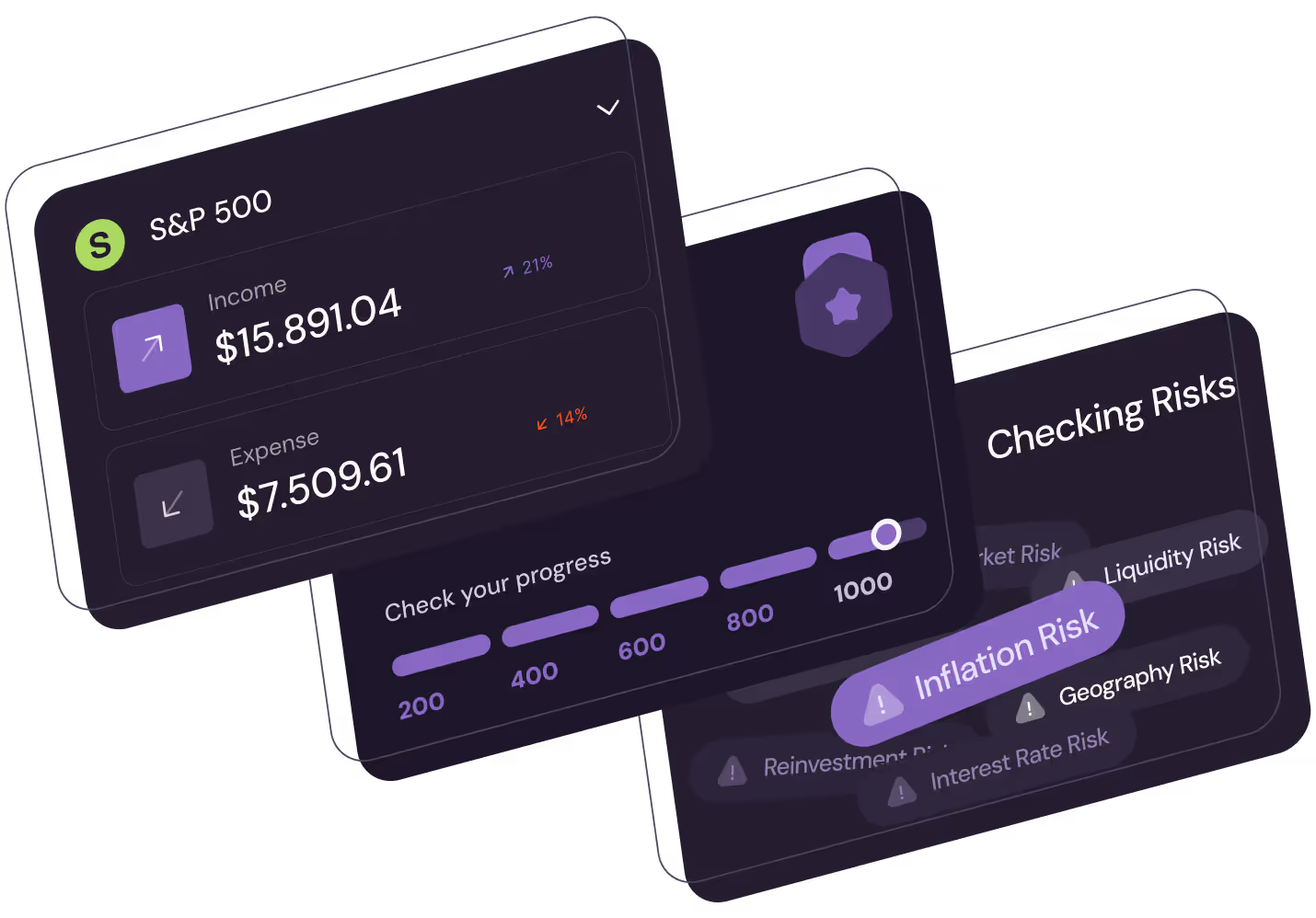 Dark-themed financial dashboard showing S&P 500 income $15,891.04 with 21% increase, expense $7,509.61 with 14% decrease, progress bar up to 1000, and highlighted Inflation Risk among other risk categories.