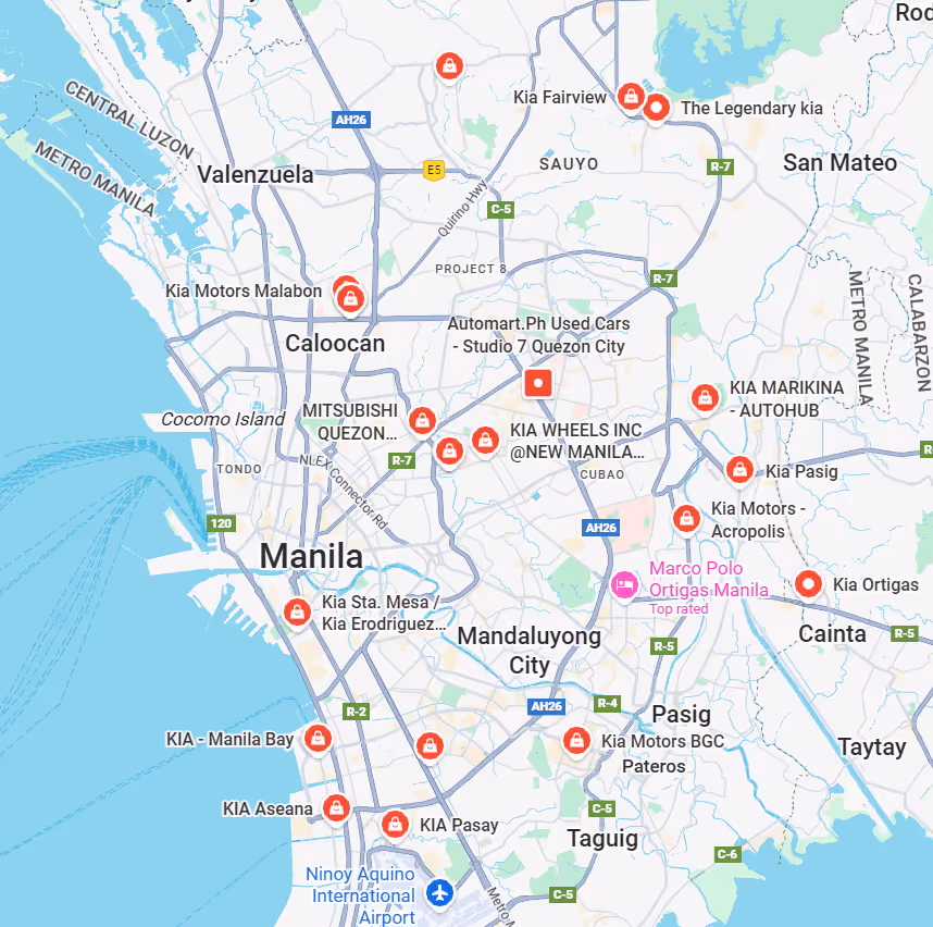 Map showing multiple Kia Motors locations in and around Manila, Philippines, including Kia Sta. Mesa, Kia Pasig, Kia Ortigas, and Kia Marikina.