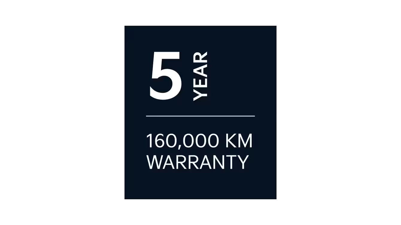5 year 160,000 km warranty displayed in white text on a dark background.