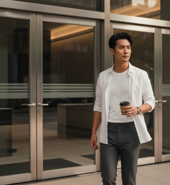 A man walking out of an office lobby holding a coffee in one hand