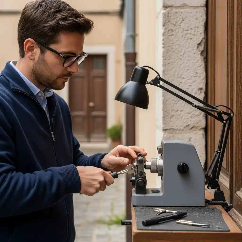 Serrurier effectuant découpe clé sur serrure ancienne intervention Vinay Isère