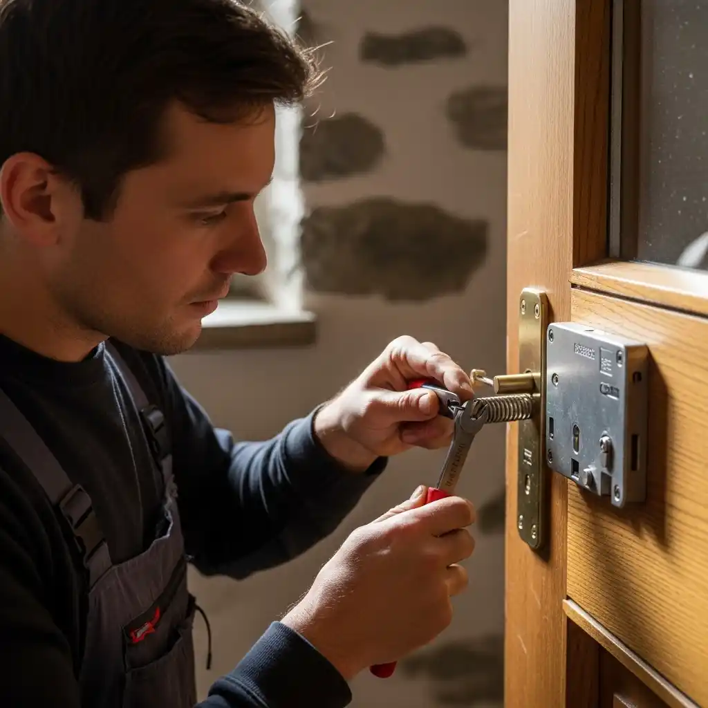 Serrurier réparant ressort serrure porte maison rurale Hurtières Grésivaudan