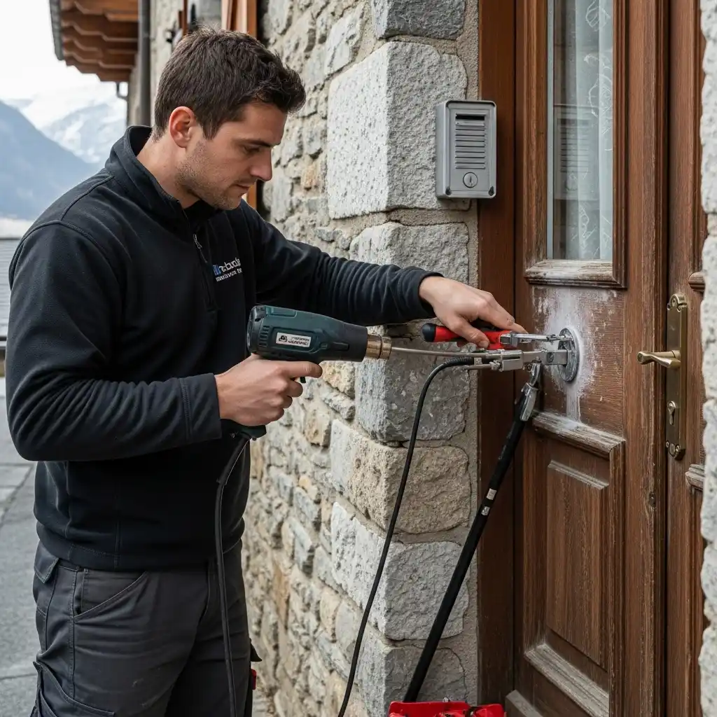 Serrurier effectuant maintenance serrure gelée maison Sainte-Marie-d'Alloix hiver alpin
