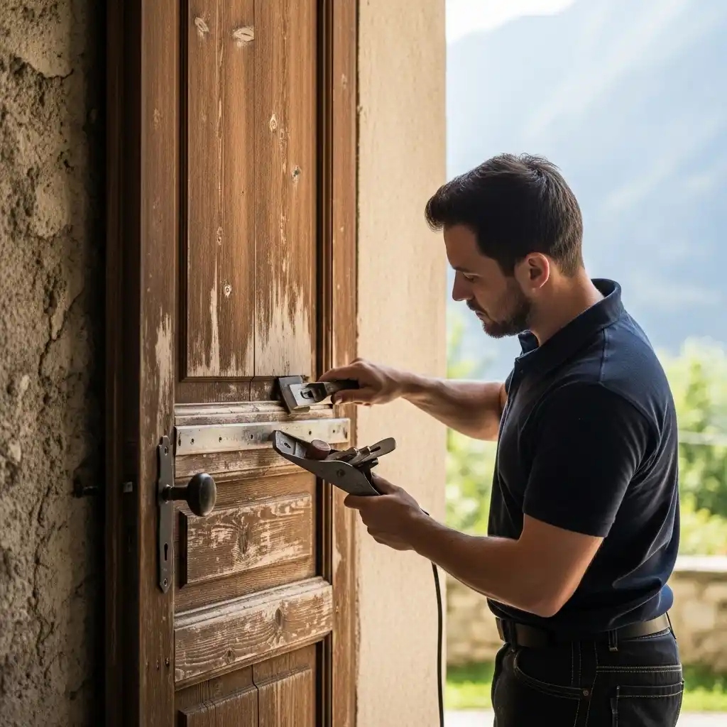 Serrurier ajustant porte gonflée bois maison ancienne Claix Isère