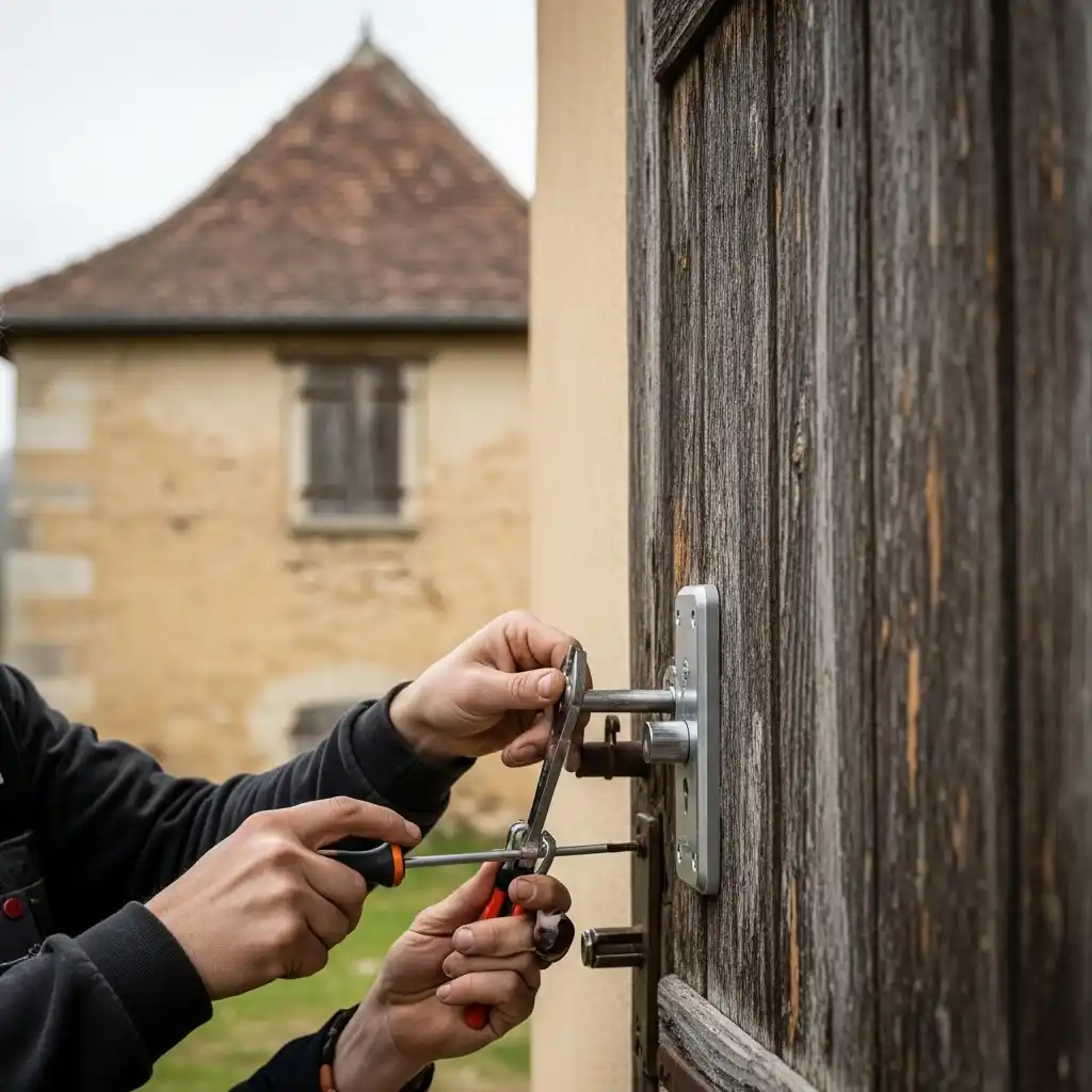 Serrurier posant serrure sécurisée porte ancienne Saint-Albin-de-Vaulserre expertise locale