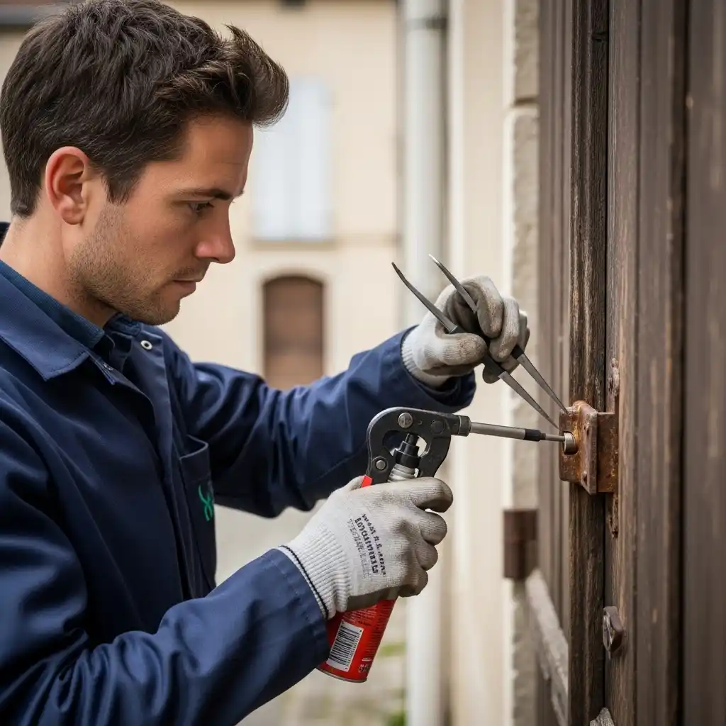 Serrurier réparant serrure grippée maison ancienne Saint-Alban-de-Roche Isère