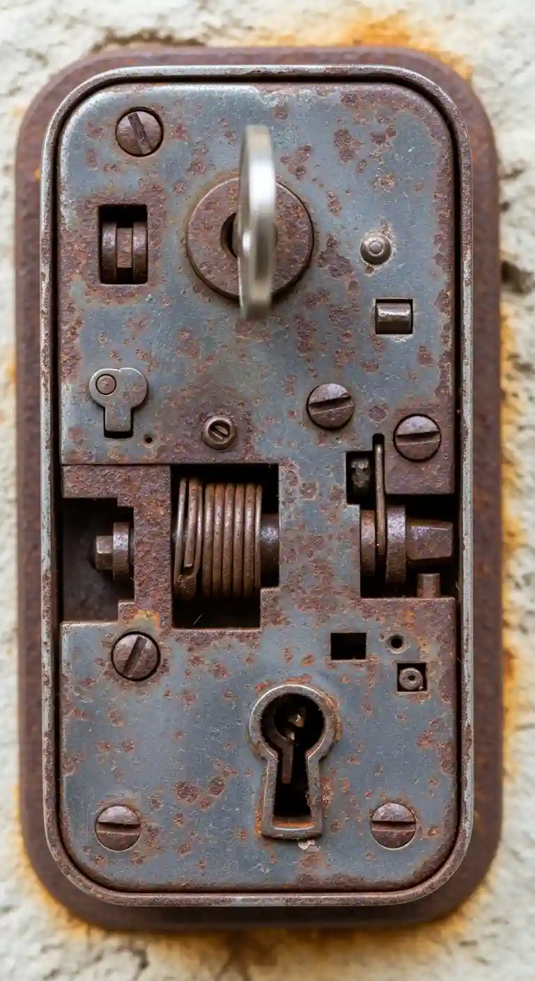 Serrure grippée oxydée mécanisme ancien Saint-Alban-de-Roche humidité