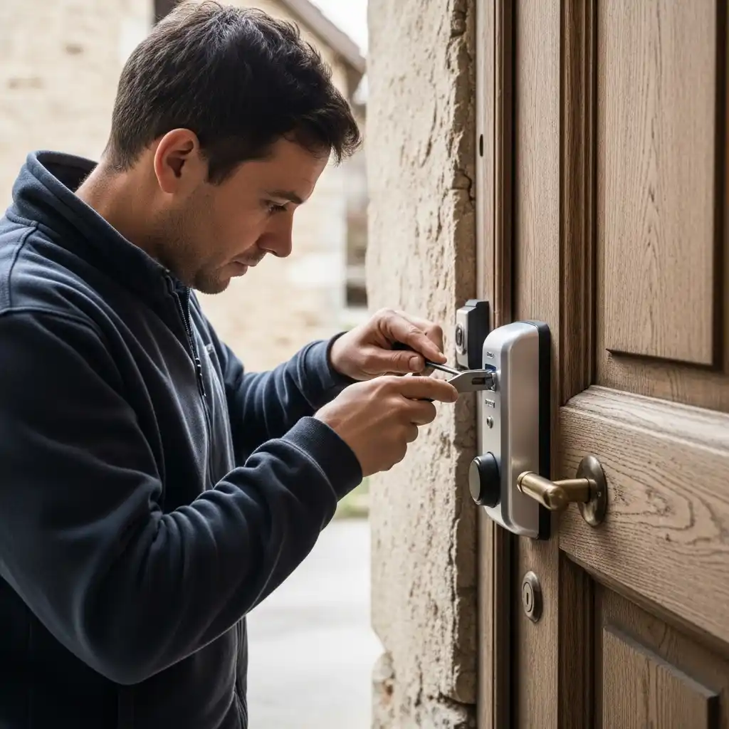 Installation serrure électrique professionnelle porte ancienne maison rurale Bonnefamille Isère