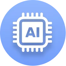 White AI microchip icon centered on a circular blue gradient background.