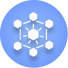 White hexagons connected by lines forming a network on a blue circular background.