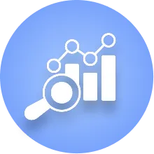 White analytics icon with magnifying glass, bar chart, and line graph on a blue circular background.