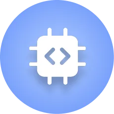 White microchip icon with coding brackets on a blue circular background.