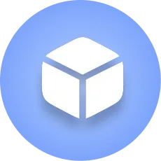 White 3D cube icon centered on a blue circular background.