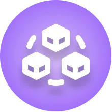 Three white cubic blocks connected in a circular arrangement on a purple gradient background.